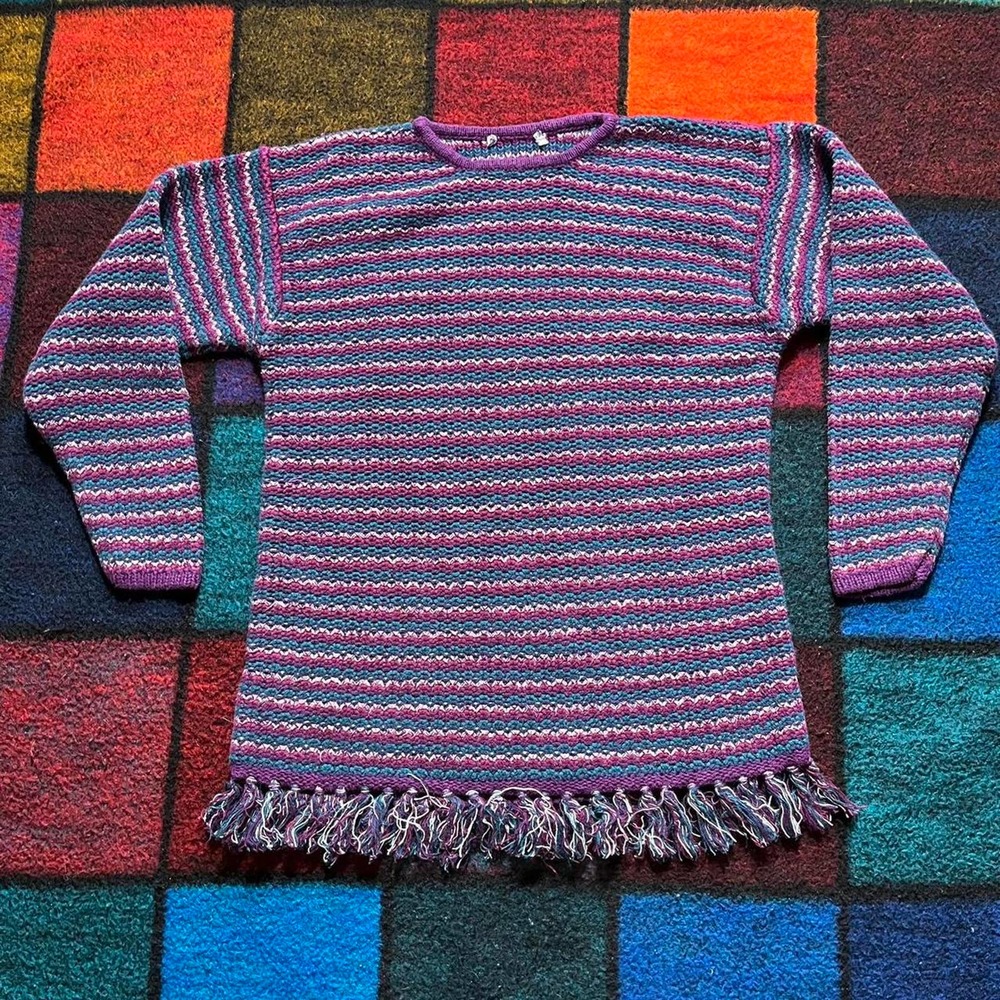 Vintage Purple and Green Striped Fringe Sweater